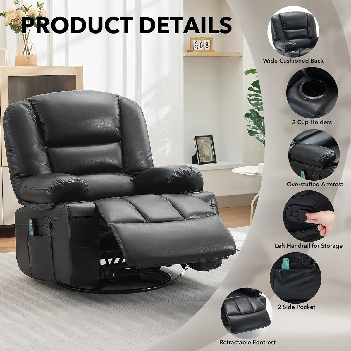 Garvee Massage Recliner Chair With Heat And Swivel Comfort