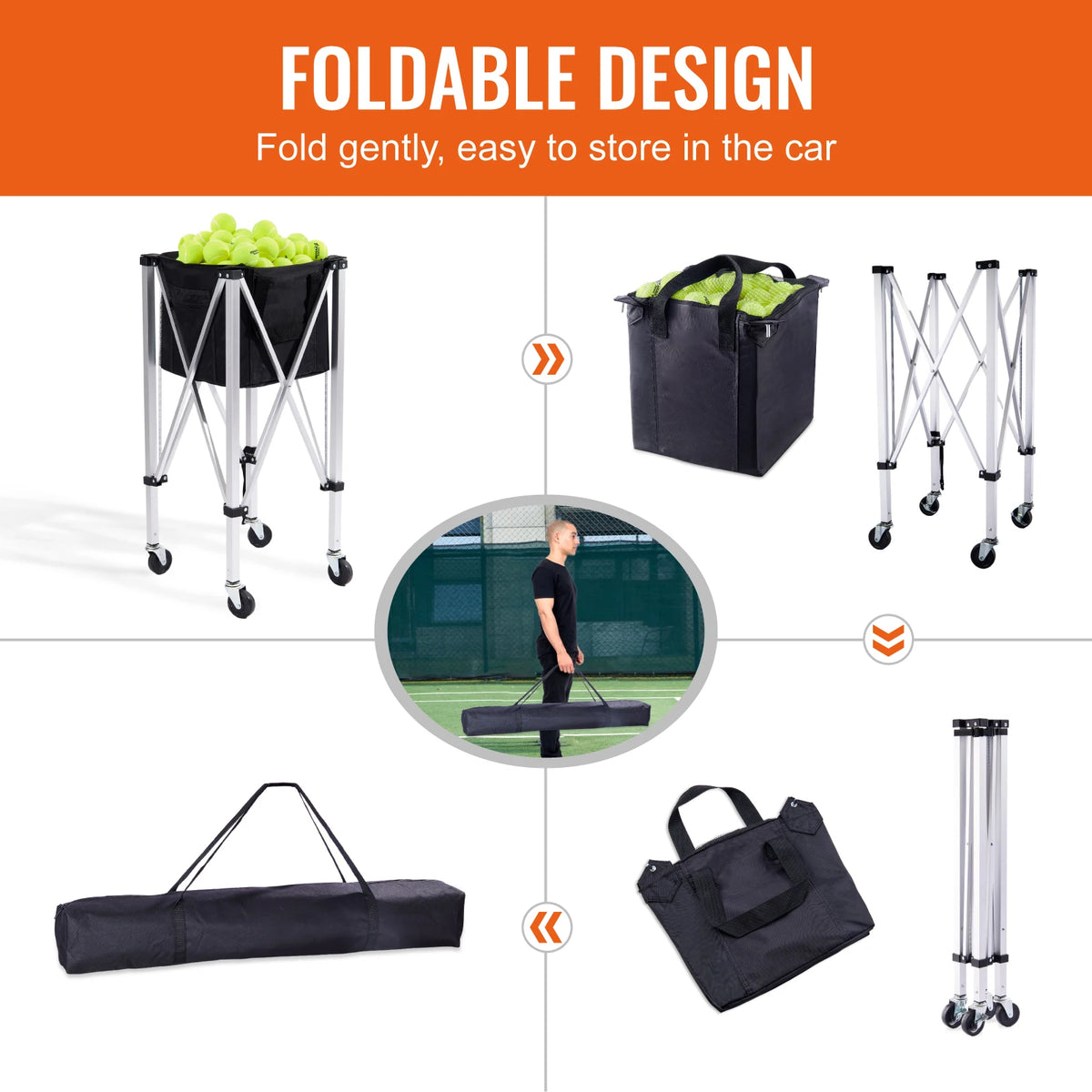 SucceBuy Foldable Tennis Ball Cart With Nylon Wheeled Basket