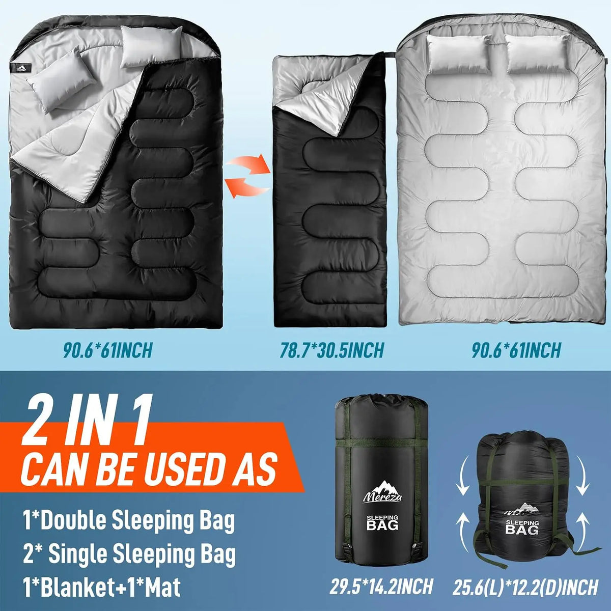 Free Shipping Double Sleeping Bag With Two Pillows For Camping