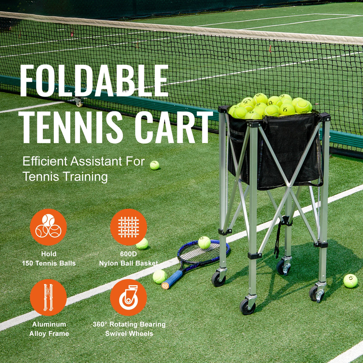 SucceBuy Foldable Tennis Ball Cart With Nylon Wheeled Basket