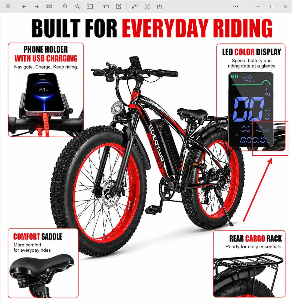 EOEOTWO 1500W Electric Bike With Fat Tires Long Range Battery