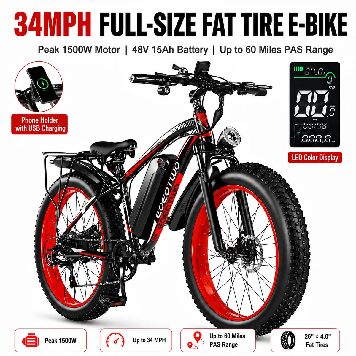EOEOTWO 1500W Electric Bike With Fat Tires Long Range Battery