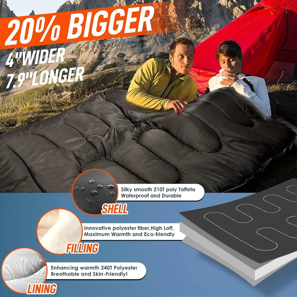 Free Shipping Double Sleeping Bag With Two Pillows For Camping
