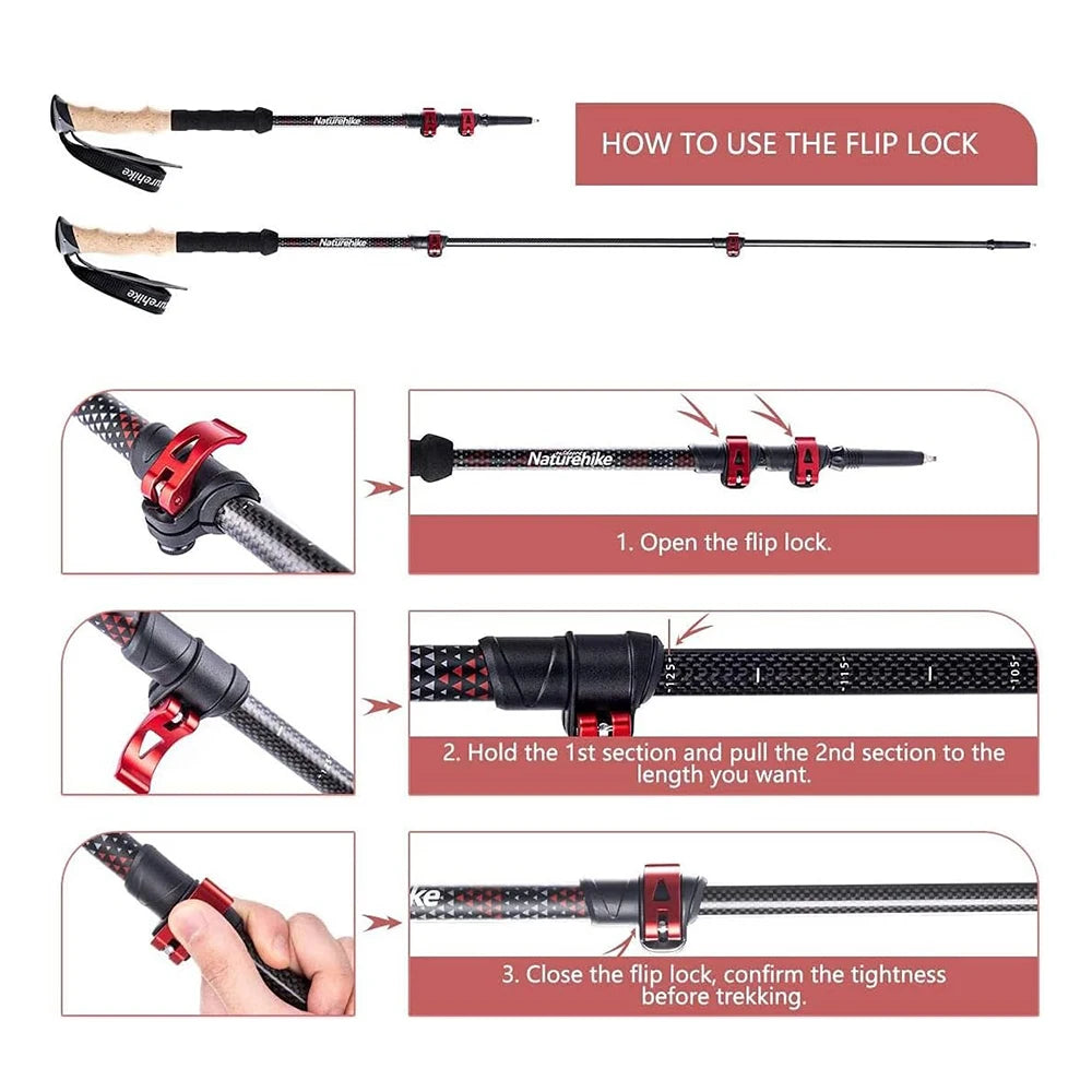 Free Shipping Naturehike Carbon Fiber Folding Hiking Trekking Poles