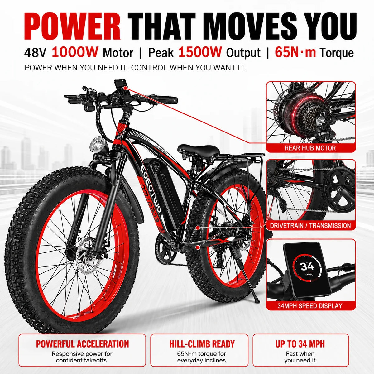 EOEOTWO 1500W Electric Bike With Fat Tires Long Range Battery