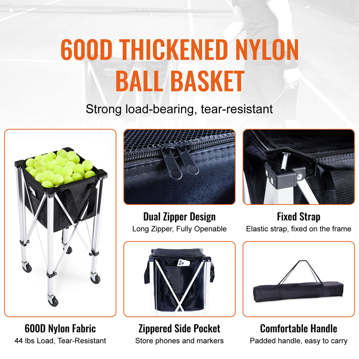 SucceBuy Foldable Tennis Ball Cart With Nylon Wheeled Basket