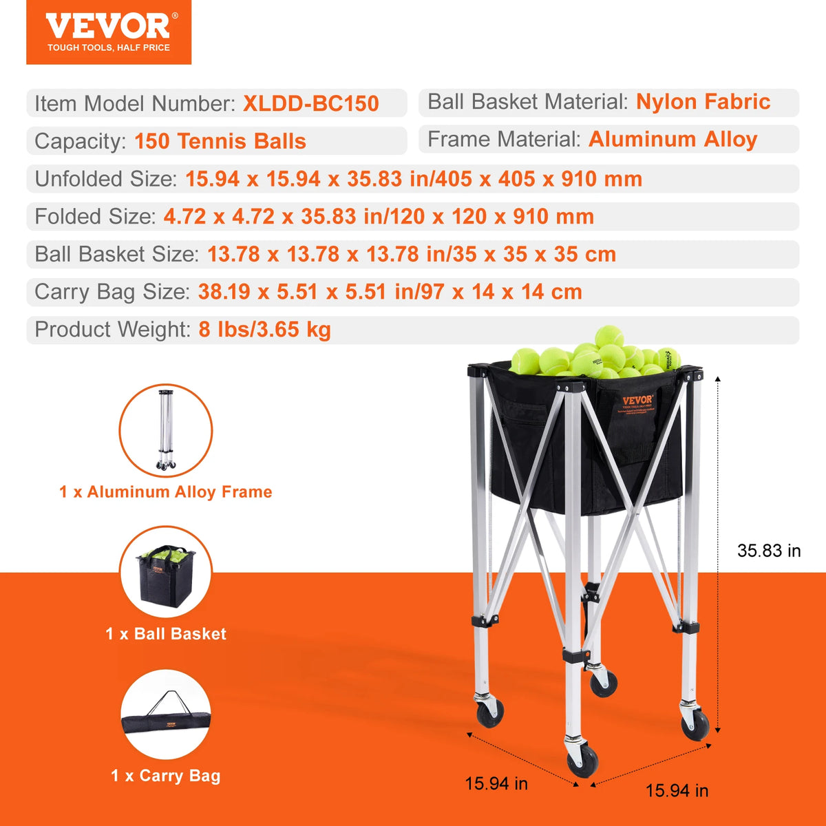 SucceBuy Foldable Tennis Ball Cart With Nylon Wheeled Basket