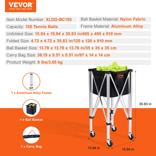 SucceBuy Foldable Tennis Ball Cart With Nylon Wheeled Basket
