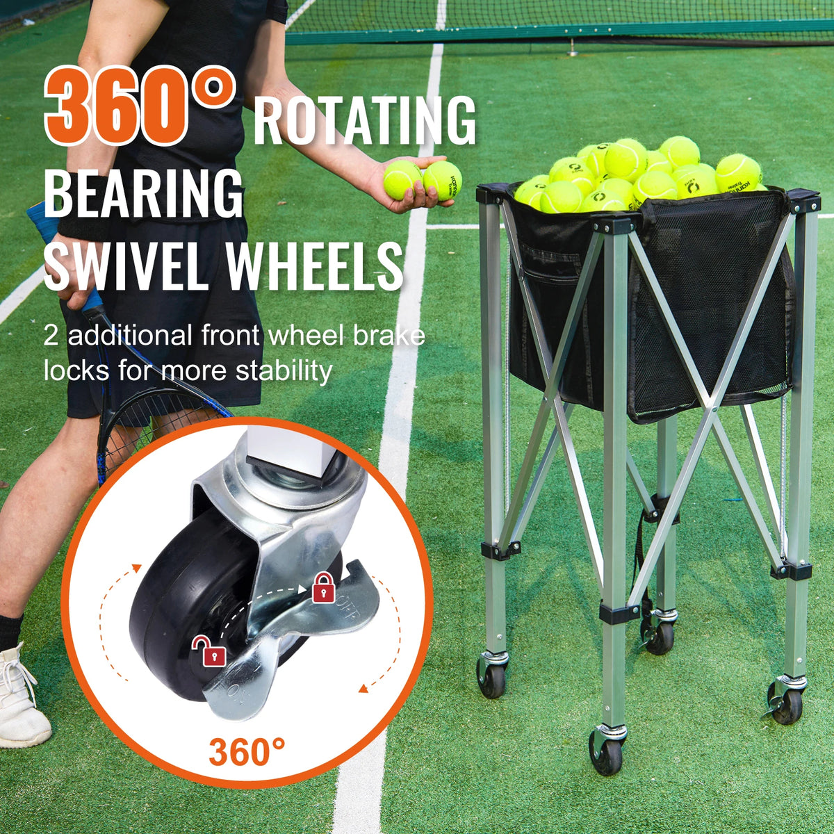 SucceBuy Foldable Tennis Ball Cart With Nylon Wheeled Basket